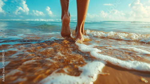 closeup of bare feet walking in the sea on sandy beach