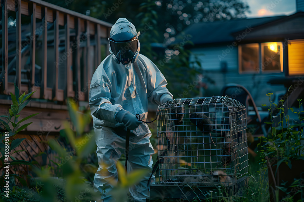 Illustration of a Professional Carrying Out a Nighttime Skunk Removal in a Residential Backyard