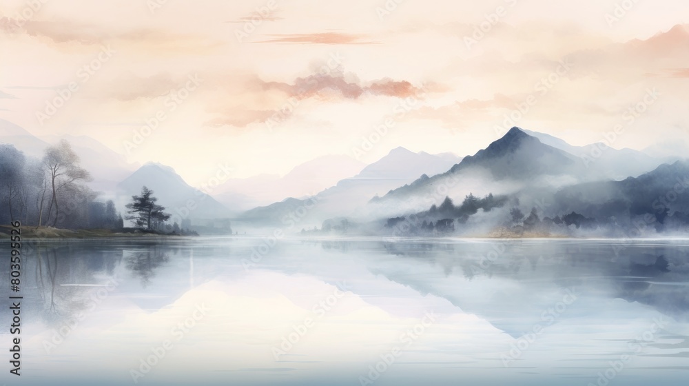 A serene landscape with a lake and mountains in the background, peaceful atmosphere, wallpaper, copy space