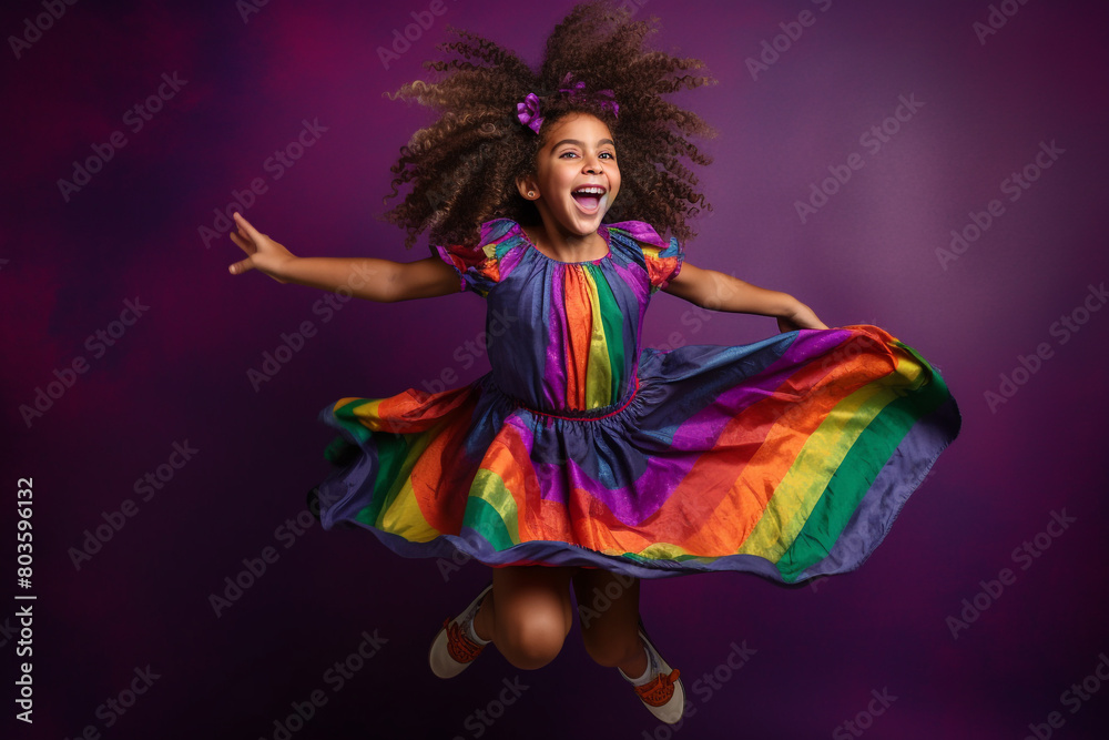 A little girl with curly hair and a happy expression, wearing a rainbow-colored skirt, jumping against a vibrant purple backdrop. A little girl with curly hair and a happy expression, wearing a rainbow-colored skirt, jumping against a vibrant purple backdrop.