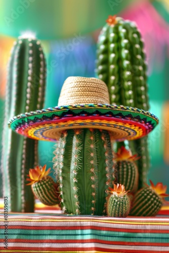 Cactus wearing traditional mexican sombrero hat. Cinco de Mayo background. Viva Mexico. Traditional latin holiday, party or fiesta funny creative concept. Copy space