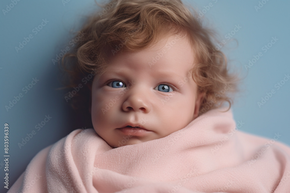 A sleepy baby boy with tousled hair, wrapped in a soft blue blanket, lying against a pale pink background. A sleepy baby boy with tousled hair, wrapped in a soft blue blanket, lying against a pale pink background.
