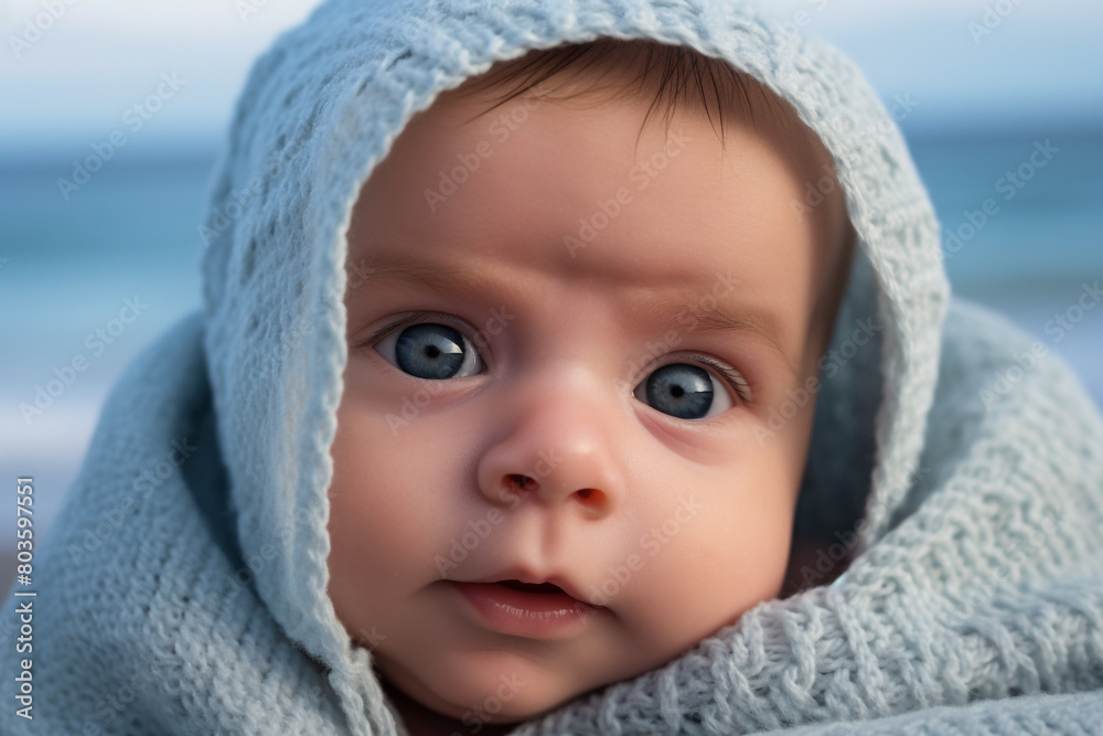 imagine A baby boy with rosy cheeks and twinkling eyes, nestled in a soft blanket against a calming ocean blue background. imagine A baby boy with rosy cheeks and twinkling eyes, nestled in a soft blanket against a calming ocean blue background.