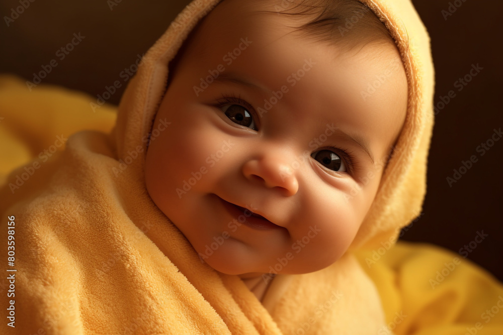 imagine A baby girl with delicate features and a sweet smile, nestled in a soft blanket against a sunny yellow background. imagine A baby girl with delicate features and a sweet smile, nestled in a soft blanket against a sunny yellow background.