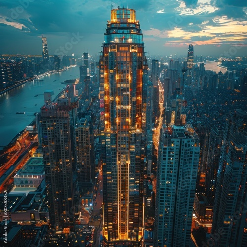 Wallpaper Mural The tall, majestic office building for business seen at night with the lights on is observed from above, captured by a drone camera Torontodigital.ca