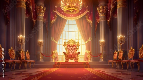 Throne of golden throne sat on pedestal with golden crown in the hall of a castle, with red carpet and wall curtains, flags, columns, chandelier, roses and candles. cartoons. Illustrations