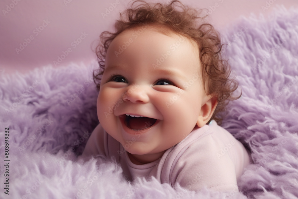 imagine A baby boy with rosy cheeks and a happy smile, lying on a fluffy blanket against a dreamy lilac background. imagine A baby boy with rosy cheeks and a happy smile, lying on a fluffy blanket against a dreamy lilac background.