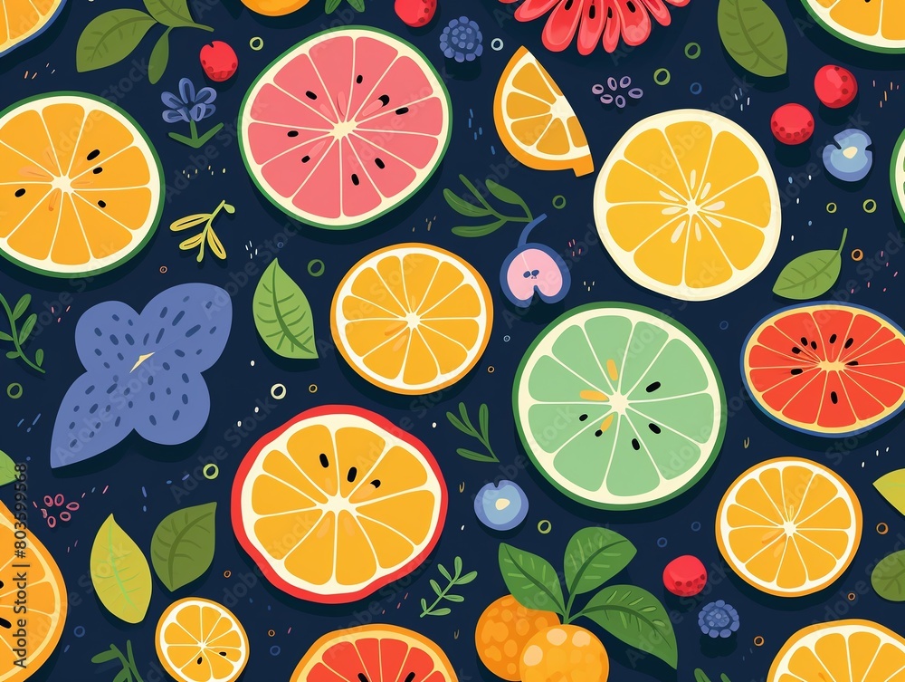 Simple colorful fruits, vibrant summer palette, seamless pattern, flat vector style for textile printing , pattern Simple colorful fruits, vibrant summer palette, seamless pattern, flat vector style for textile printing , pattern