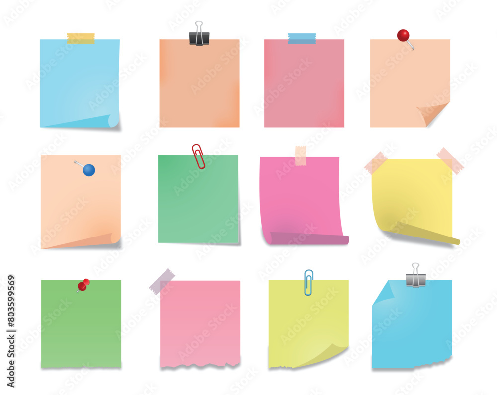 Adhesive notes set with pin, clip and scotch.