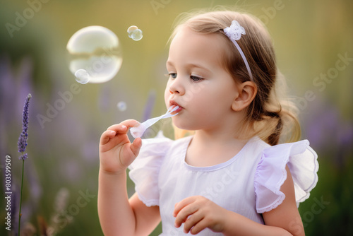 A little girl with pigtails, wearing a frilly white dress, blowing bubbles against a soft lavender background.