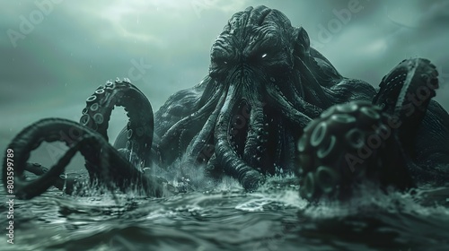 Cthulhu the Primordial Sea Creature Emerging from the Depths of the Ominous Ocean with Its Colossal Tentacles and Monstrous Visage Evoking a Sense of © Naput