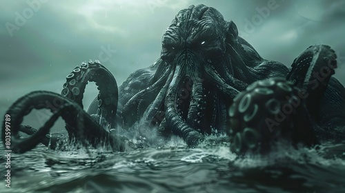 Cthulhu the Primordial Sea Creature Emerging from the Depths of the Ominous Ocean with Its Colossal Tentacles and Monstrous Visage Evoking a Sense of