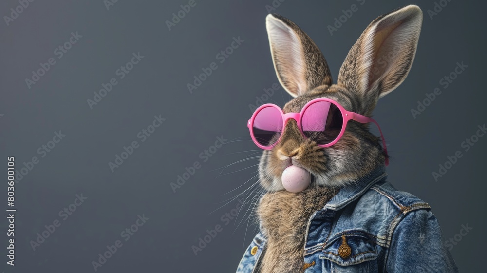 Funny rabbit wearing jeans jacket and pink sunglasses with chewing gum. cartoons. Illustrations