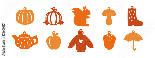 Set of 10 autumn designs for earrings, pendant or keychain. Jewelry silhouette cut template. Laser cutting with leather, wood or metal. Vector stencils