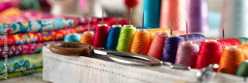 The Artful Ensemble of Sewing Tools and Multicolored Fabrics photo