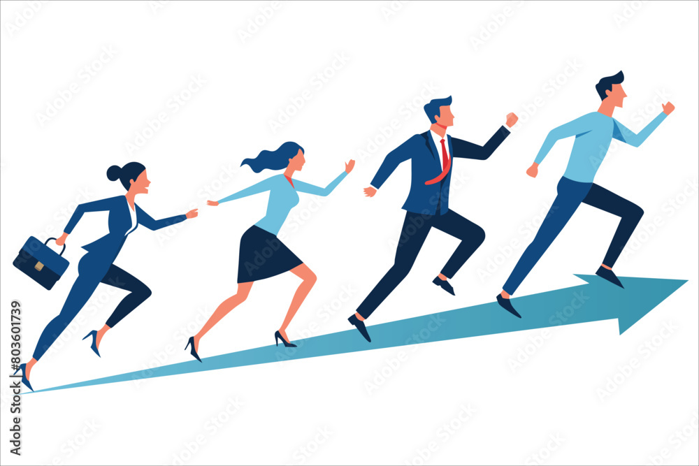 Business people who work happily and run on arrow, vector illustration on white background