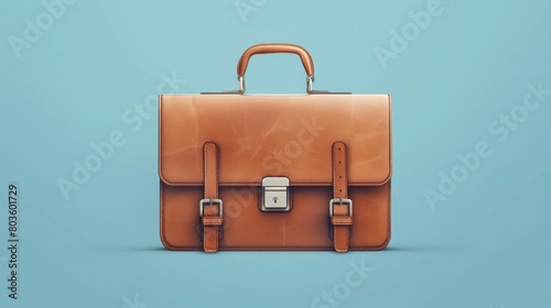 A brown leather briefcase with a silver clasp, blue background, copy space
