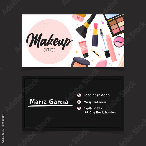 Vector elegant double-sided horizontal makeup artist business card template.
