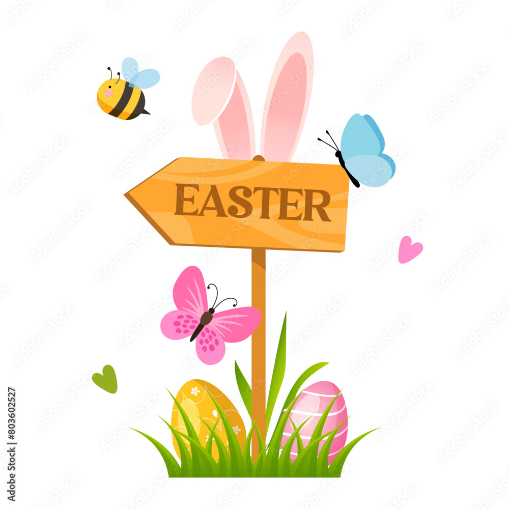 Easter holiday illustration with a wooden arrow with lettering Easter, colorful painted eggs, butterflies and bee.
