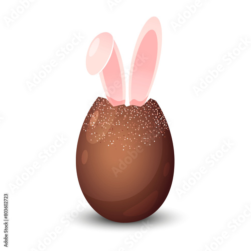 Easter holiday bitten chocolate egg with sparkles and bunny ears isolated on white background.	

