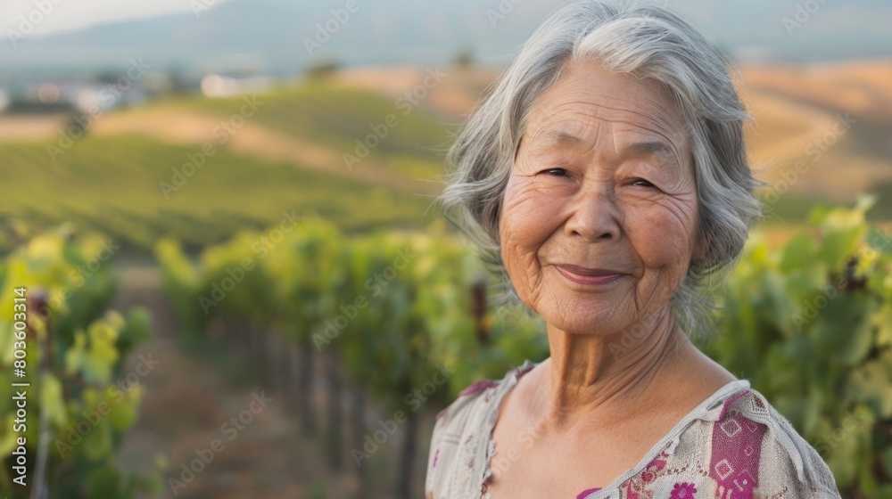 A portrait of an elderly Asian woman with gray hair