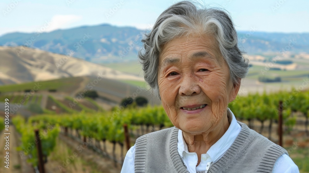A portrait of an elderly Asian woman with gray hair A portrait of an elderly Asian woman with gray hair