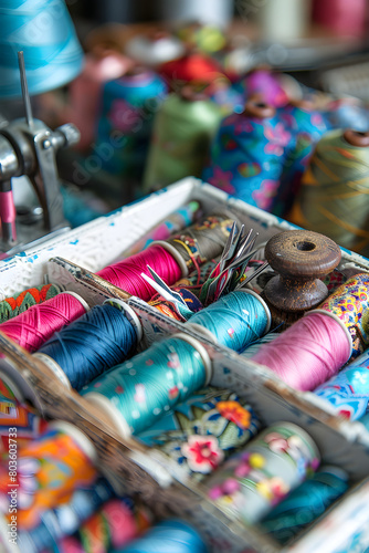The Artful Ensemble of Sewing Tools and Multicolored Fabrics
