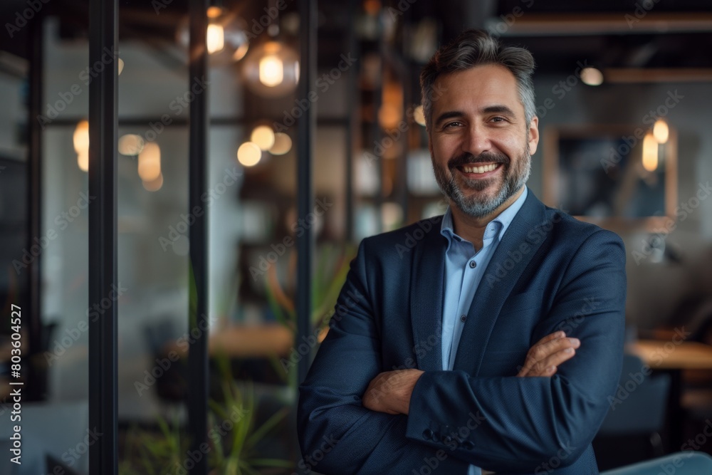 Portrait of successful senior businessman consultant smiling inside a modern office building Portrait of successful senior businessman consultant smiling inside a modern office building