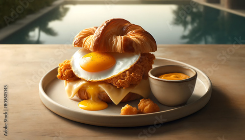 Gourmet Sunrise: Croissant Breakfast Sandwich by the Pool