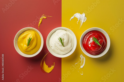  artistic top view of three sauces with dynamic splashes