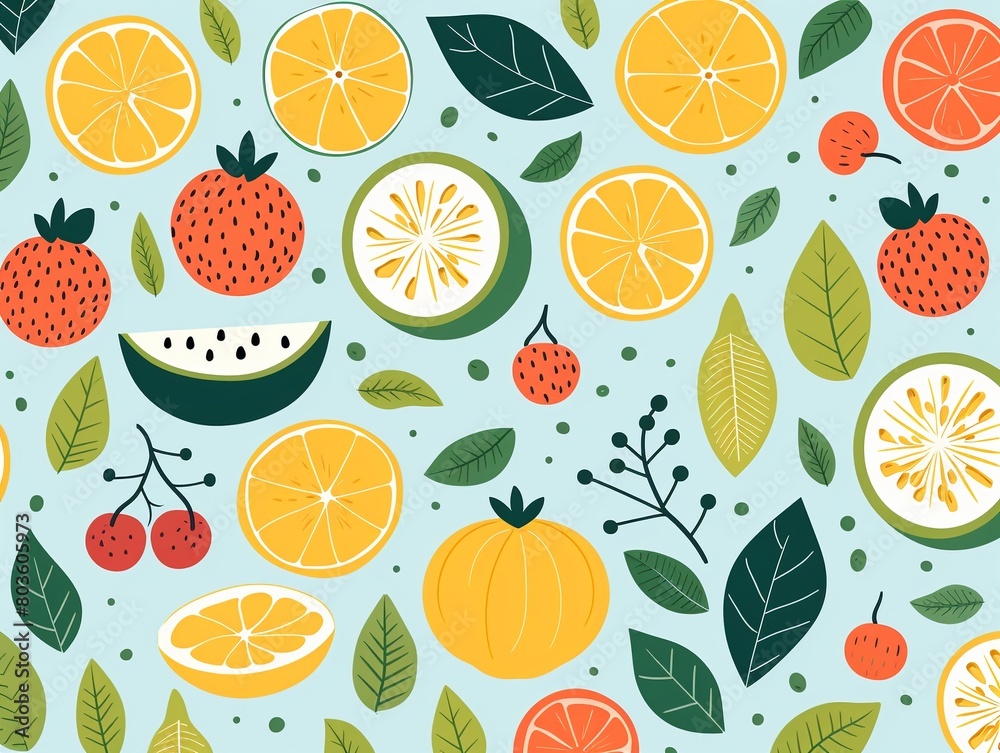 Bright and cheerful fruits, colorful seamless pattern, flat vector graphic for playful wall paper , flat graphic drawing Bright and cheerful fruits, colorful seamless pattern, flat vector graphic for playful wall paper , flat graphic drawing