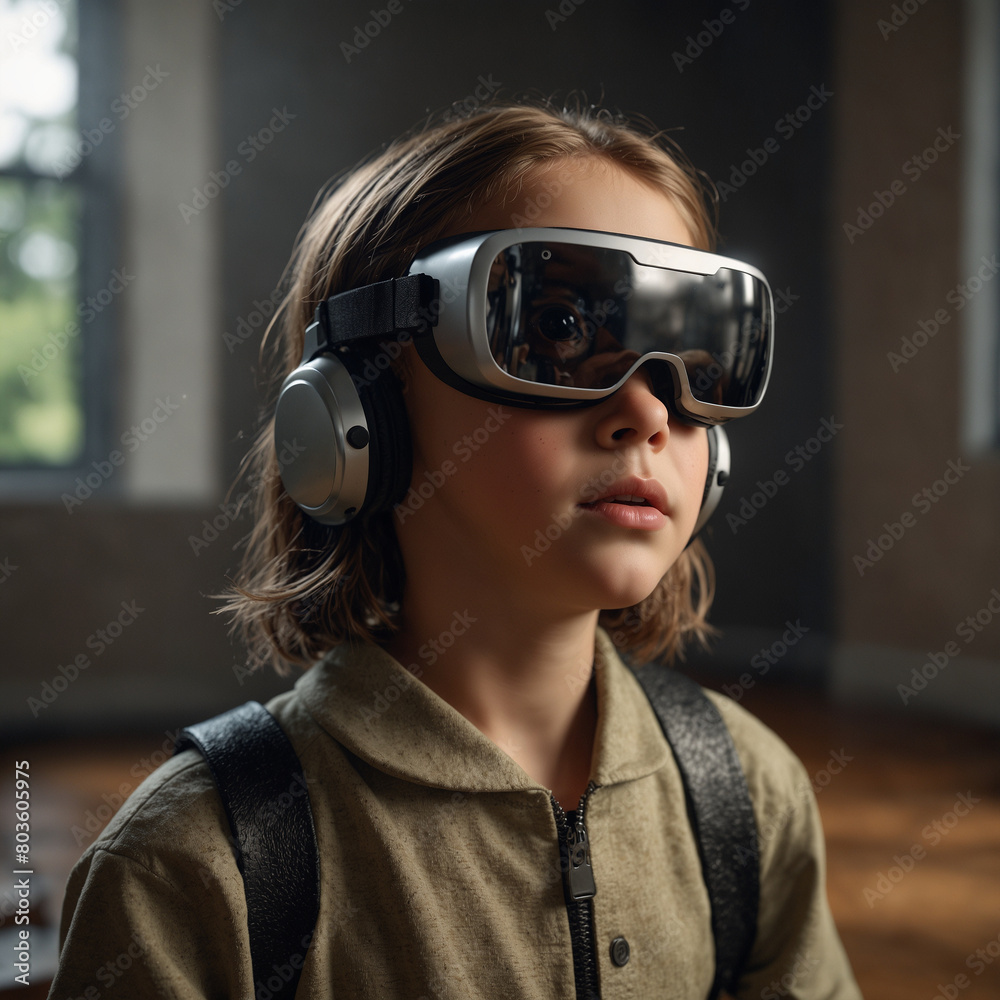 Modern Child with Long Hair Using Virtual Reality Headset Modern Child with Long Hair Using Virtual Reality Headset