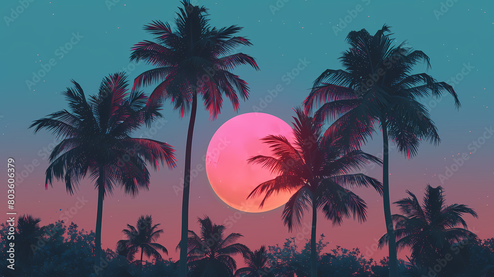 Tropical Twilight With a Vivid Pink Moon Amidst Palm Trees