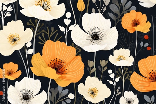 Trendy vintage wild flowers, minimalist style, seamless and repeating for modern fabric designs , flat graphic drawing