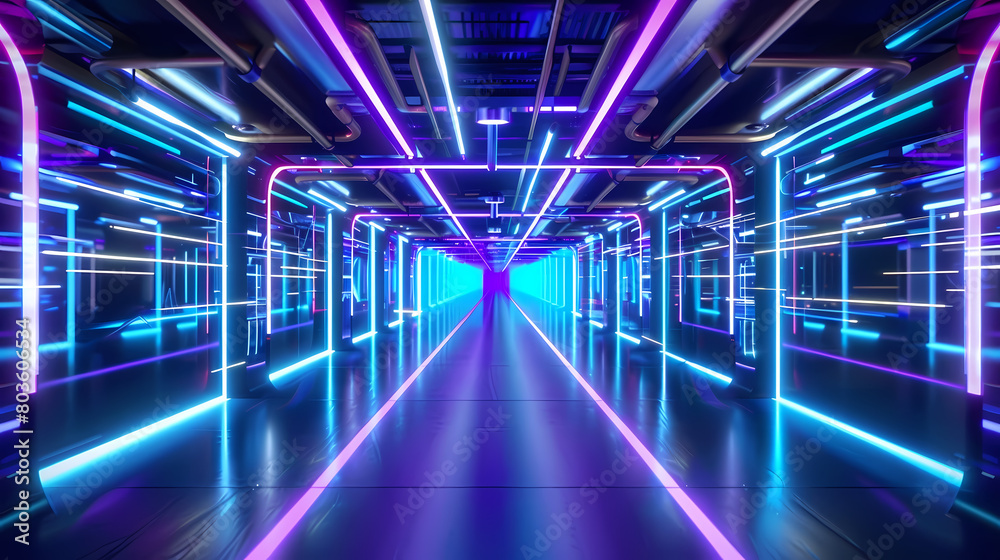 Fototapeta premium Neon-Lit Tunnel Illuminated by Vibrant Lights