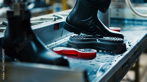 Molding soles in a footwear factory, close-up, detailed injection mold and emerging sole photo