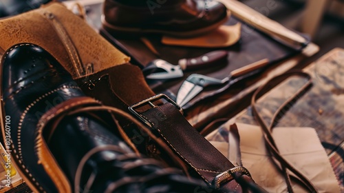 Handcrafting custom orthopedic shoes, close-up, detailed measurement tools and leather cutting © Thanthara
