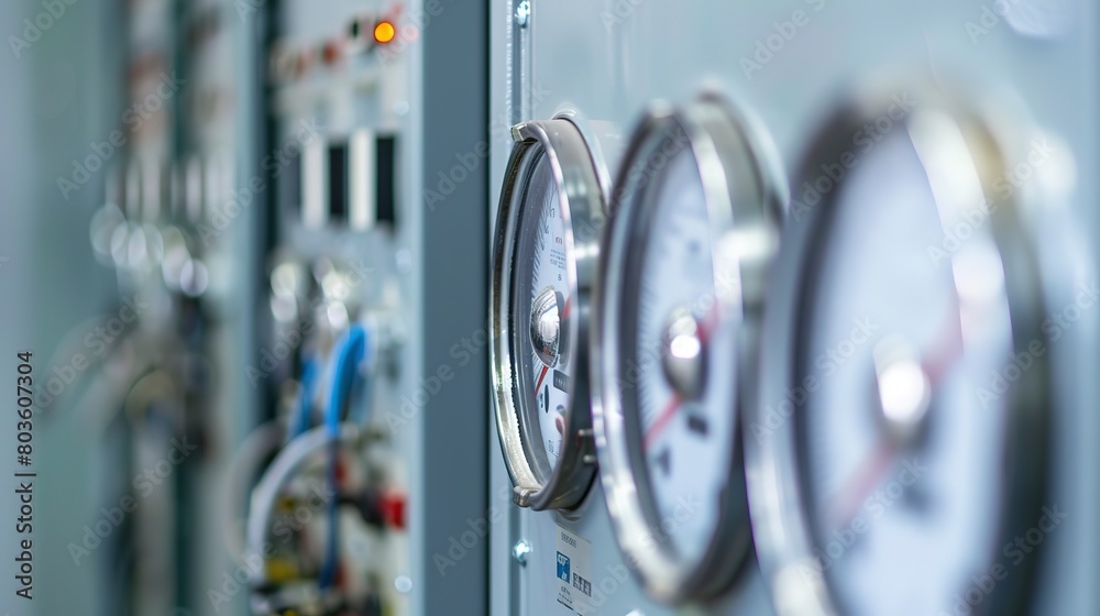 Monitoring data center cooling systems, close-up, detailed gauges and control panels Monitoring data center cooling systems, close-up, detailed gauges and control panels
