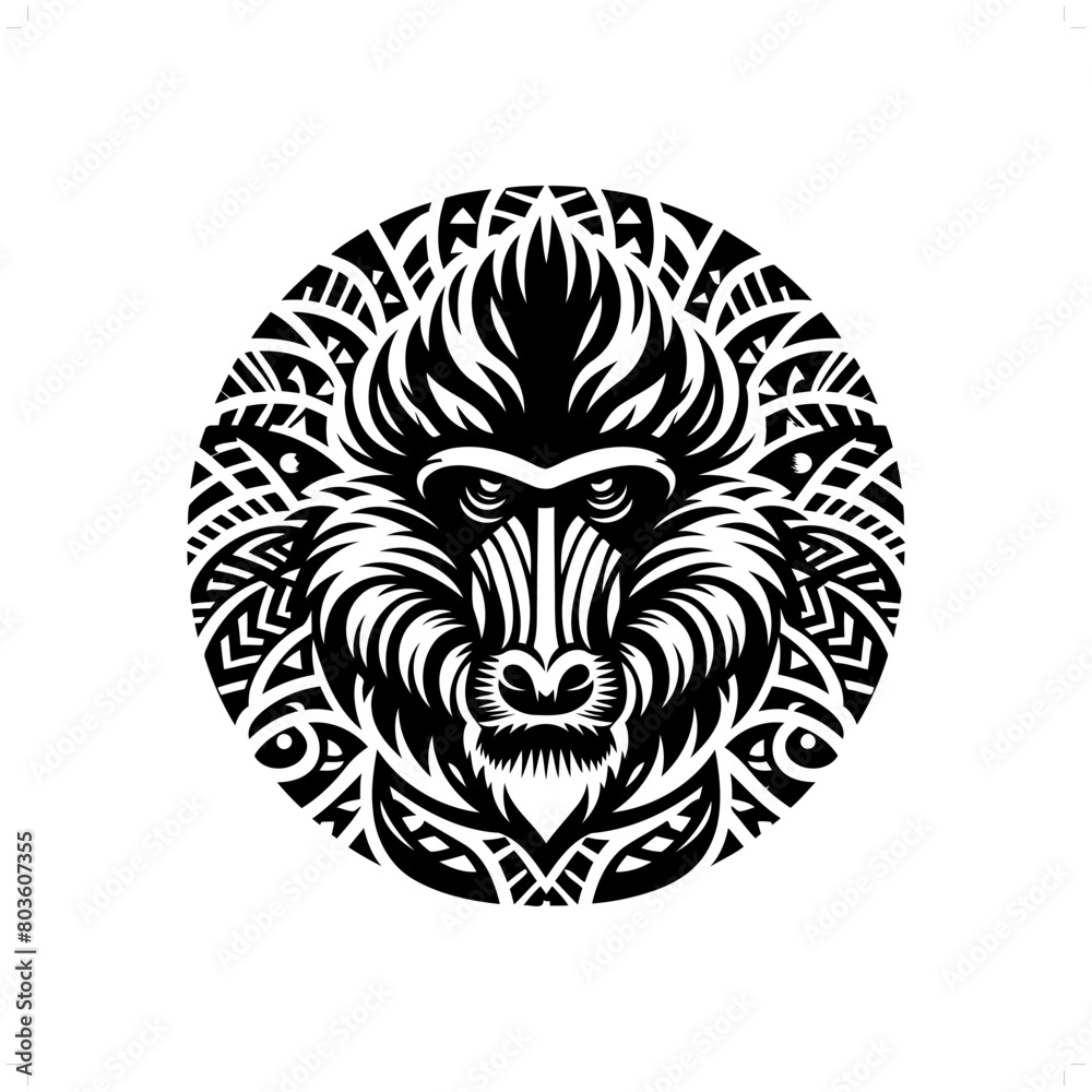 baboon, mandrill silhouette in animal ethnic, polynesia tribal illustration