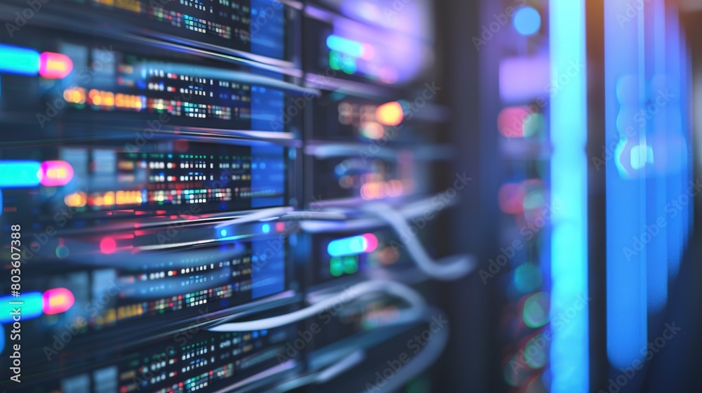 Naklejka premium Testing server resilience under heavy load, close-up, detailed performance metrics on screens
