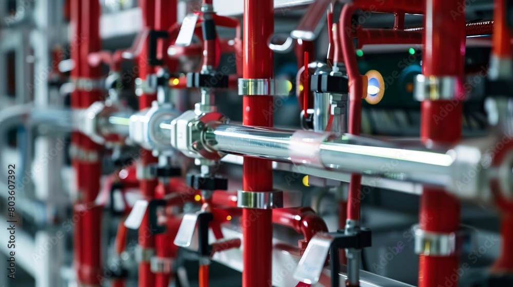 Configuring fire suppression system in a server room, close-up, detailed nozzles and sensors 