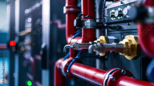 Configuring fire suppression system in a server room, close-up, detailed nozzles and sensors photo