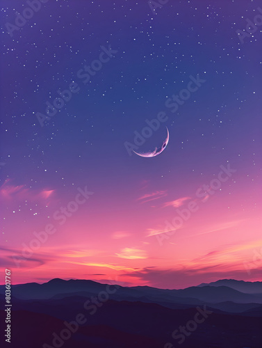 abstract fantasy background. Half moon, stars and clouds on the dark night sky background.	