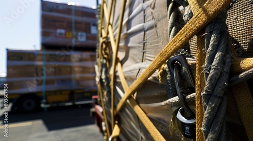 Close-up of securing straps on freight, detailed ratchet tie-down and heavy cargo  photo