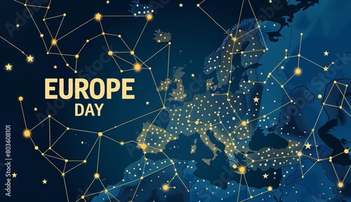 Europe day background with european continent silhouette with a network of glowing connections photo