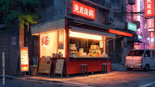 A classic Japanese ramen stall on the city street with beautiful lights. photo