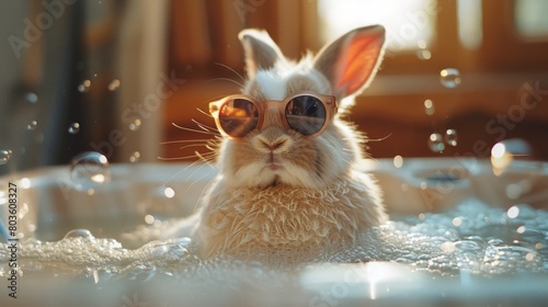 Playful White Rabbit Relaxing in Hot Tub with Sunglasses, Canon EOS R6 Camera, 24-70mm Lens, Afternoon Sunlight, Vibrant Style, Fujifilm Superia X-tra 400 © JINGWEN