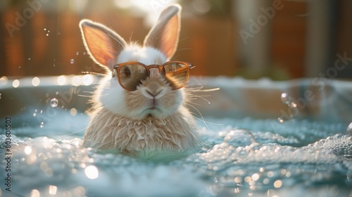 Playful White Rabbit Relaxing in Hot Tub with Sunglasses, Canon EOS R6 Camera, 24-70mm Lens, Afternoon Sunlight, Vibrant Style, Fujifilm Superia X-tra 400 © JINGWEN