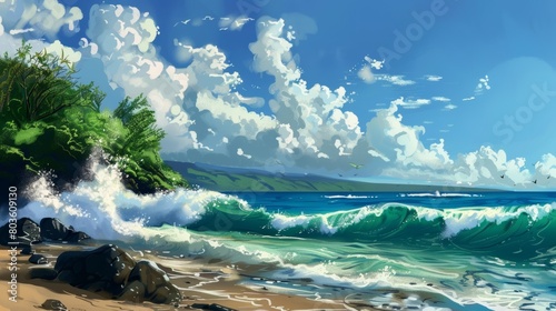 Maui ocean seashore. water. Illustrations