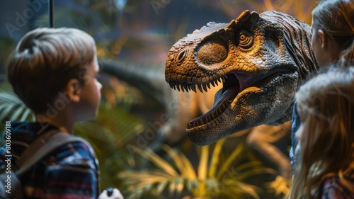Child observing realistic dinosaur exhibit at museum